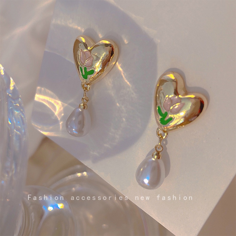 Khuyên Tai Hình Hoa Tulip Đính Ngọc Trai Thời Trang Mùa Hè Cho Nữ