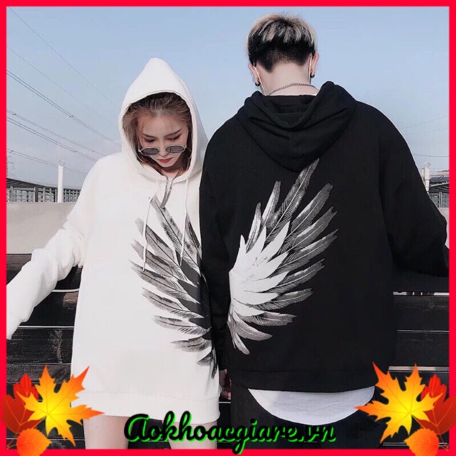 Áo khoác nỉ chui hoddie nam nữ in cánh trắng đen