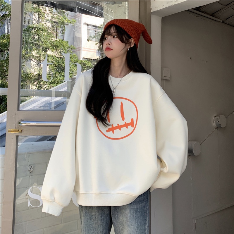 Áo Nỉ Nữ Dài Tay Cổ Tròn In Hình Hoạt Hình Thời Trang Hàn