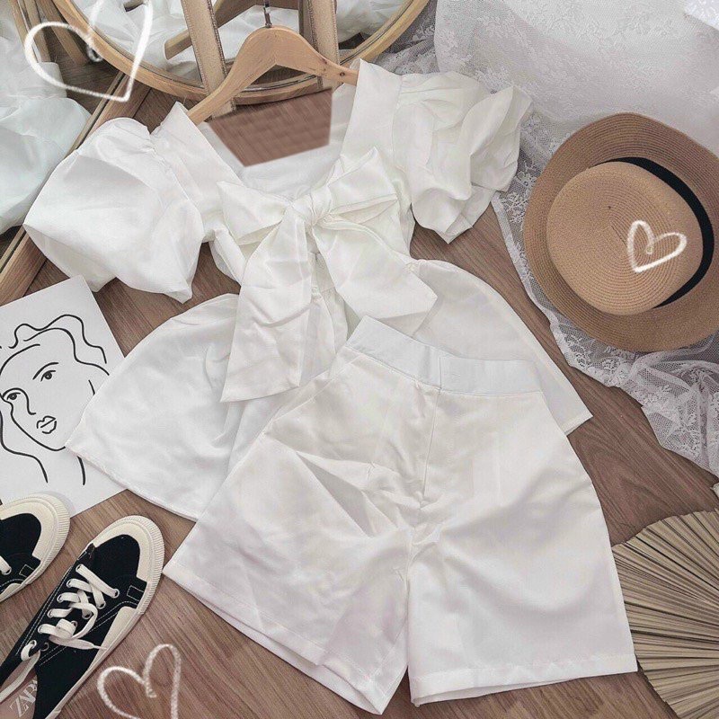 Sét Bộ áo peplum cổ vuông nơ lưng quần short bigsize 50kg đến 100kg sét tết
