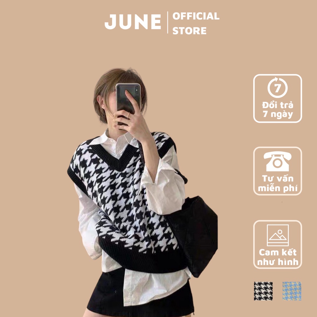 Áo gile kẻ caro hoa tiết răng sói vintage JUNE áo không tay freesize dáng xuông cá tính
