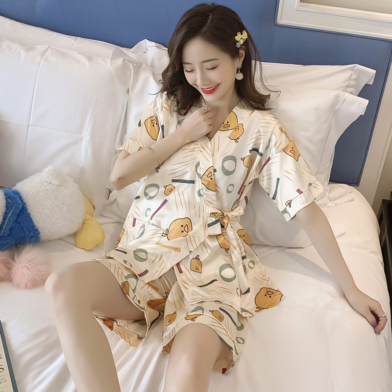 ▪Bộ Đồ Ngủ Vải Lụa Ngắn Tay Kiểu Dáng Kimono Đáng Yêu Mùa Hè Cho Nữ