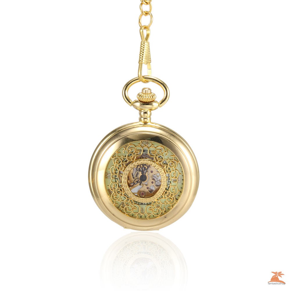 #Đồng hồ bỏ túi# Men Women Mechanical Pocket Watch Golden Hollow Carved Case with Chain