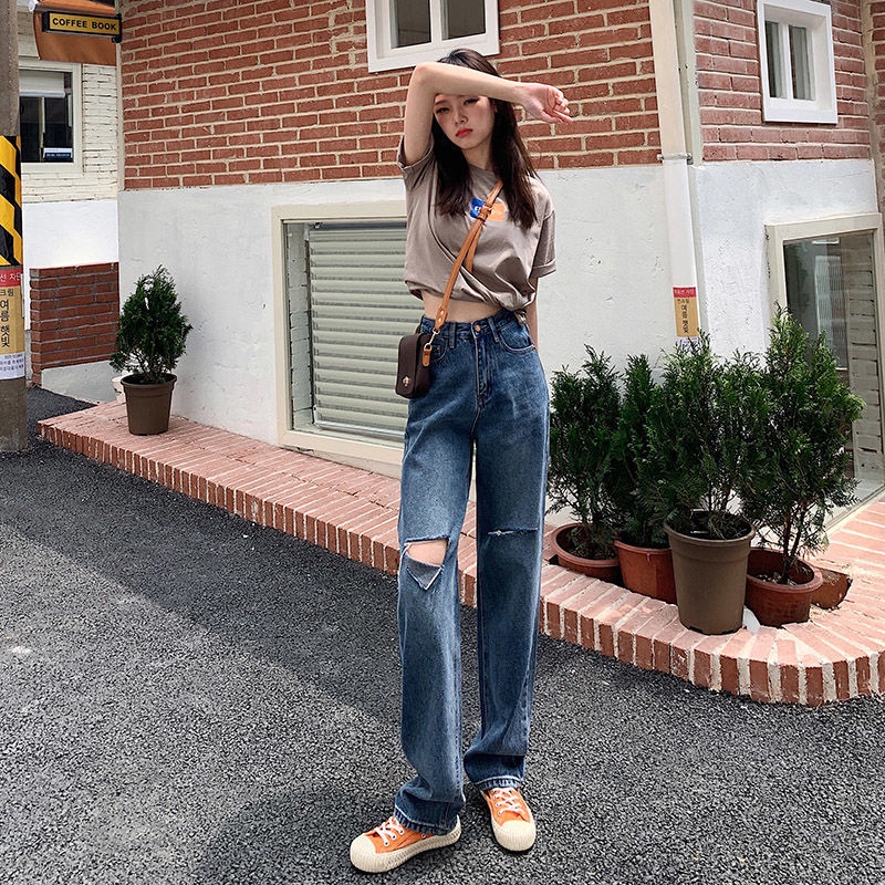 Quần jeans Nữ Lưng Cao Ống Rộng Thời Trang Hàn Quốc Cá Tính