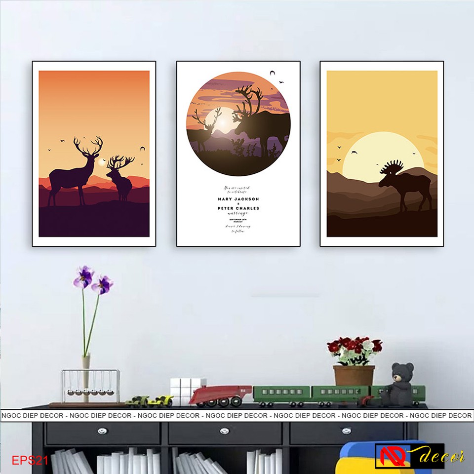 Tranh Decor phòng khách 3 bức Hươu Hiện đại trang trí phòng ngủ treo tường nghệ thuật số hóa vintage đẹp R65