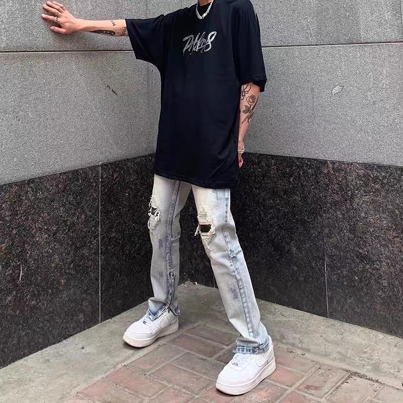 Quần jean rách FOG zipper xanh bạc vá gối rằn ri phong cách streetwear Quixotic