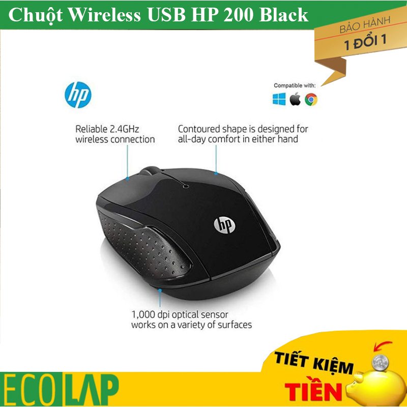 Chuột không dây HP 200 chính hãng màu đen, có tặng pin xịn kèm theo