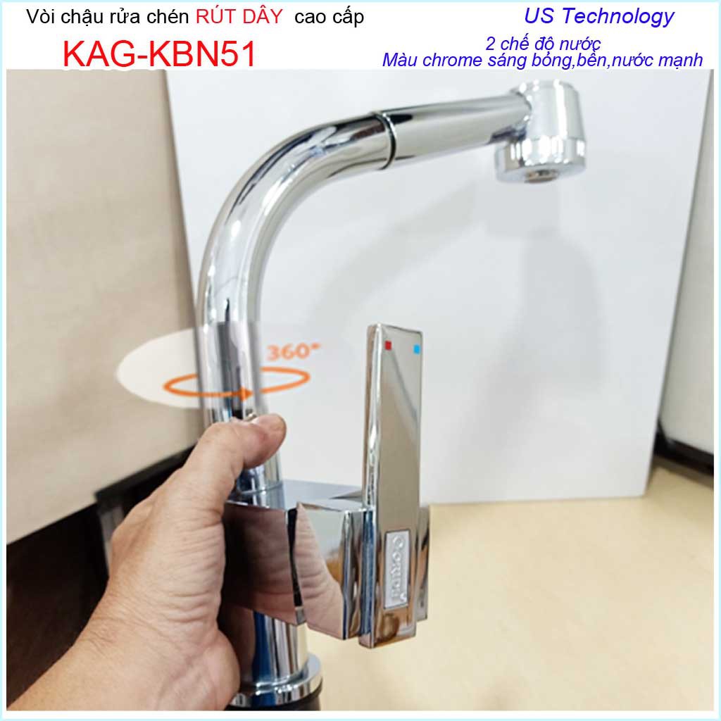 Vòi rửa chén bát rút dây KAG-KBN51, Vòi Gorlde nóng lạnh Chrome bóng,  vòi bếp nóng lạnh cao cấp