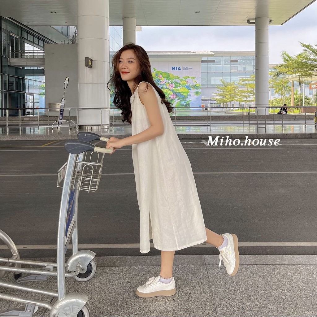 Đầm Midi Ba Lỗ Xẻ Tà 🎁 Nana's House - FREESHIP 🎁 Váy suông trơn dáng dài cổ tròn thiết kế xẻ vạt 2 bên cá tính Ulzzang