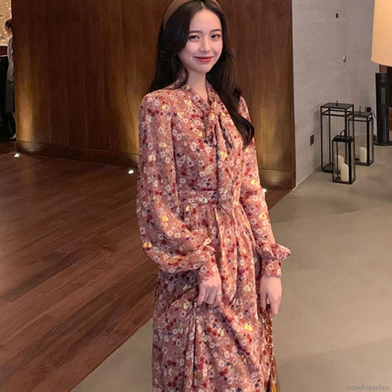 Đầm Tay Dài Chất Chiffon Hoạ Tiết Hoa Thiết Kế Phối Nơ Nữ Tính