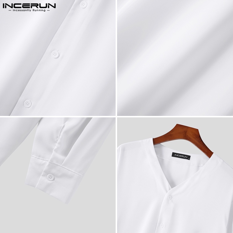 Áo sơ mi INCERUN tay dài cổ chữ V màu trơn thời trang công sở dành cho nam