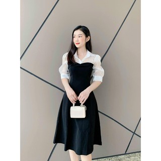 Đầm đen cổ vuông phối tay trắng