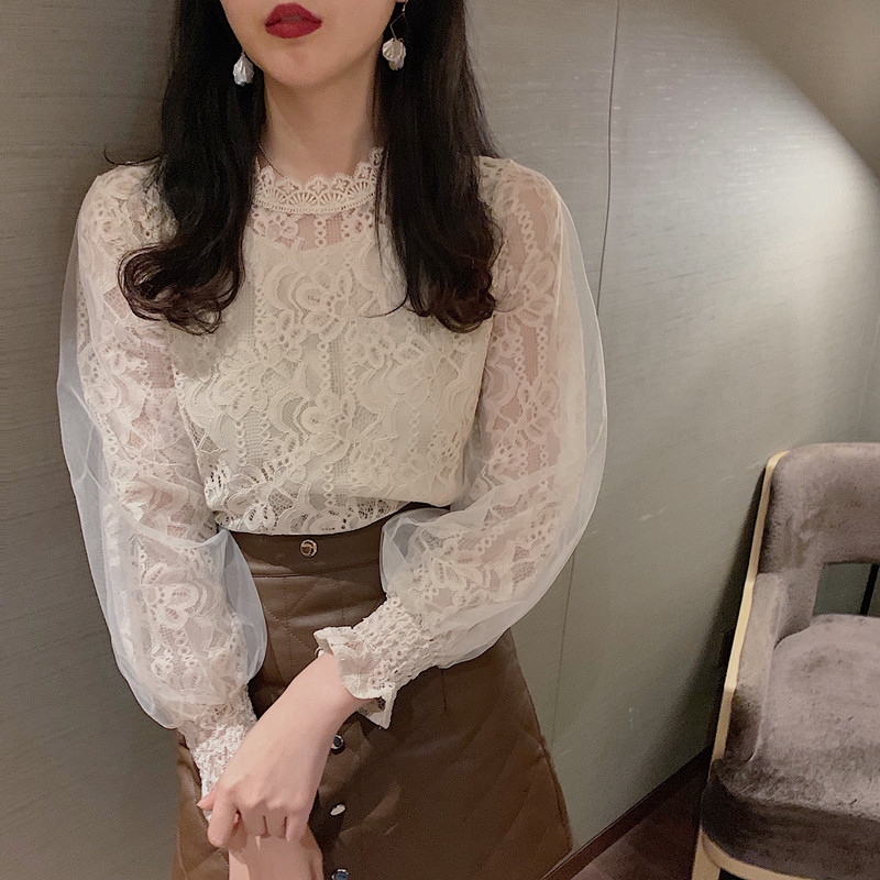 Áo Kiểu Tay Phồng Phối Ren Hoa Phong Cách Retro Hàn Quốc 2020