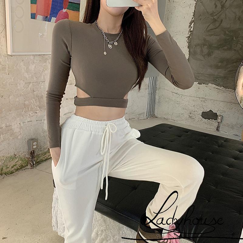 Áo Thun Crop Top Tay Dài Cổ Tròn Màu Trơn Khoét Eo Thời Trang Xuân Hè Cho Nữ