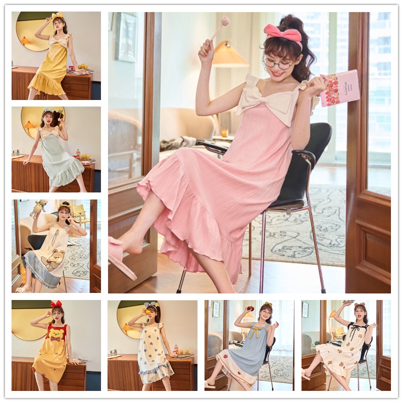 Đầm ngủ liền thân dáng rộng phối dây rút phong cách Hàn Quốc hàng mới dành cho bạn nữ mặc ngoài trời