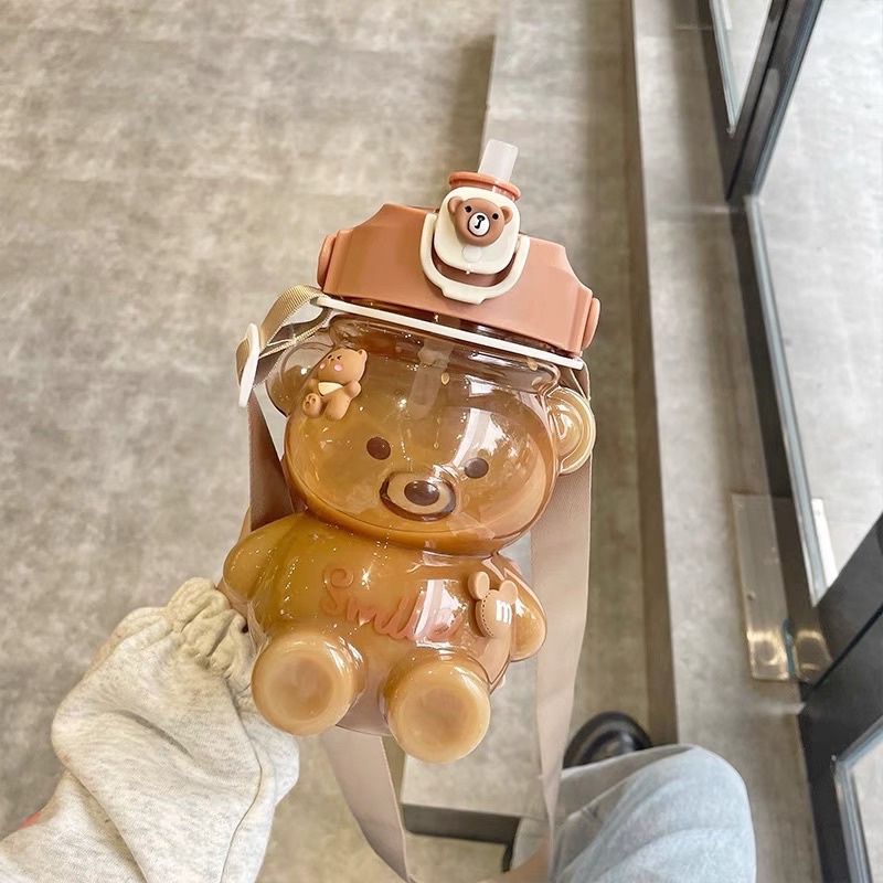 Bình đựng nước hình gấu trúc cute có dây đeo chéo và ống hút