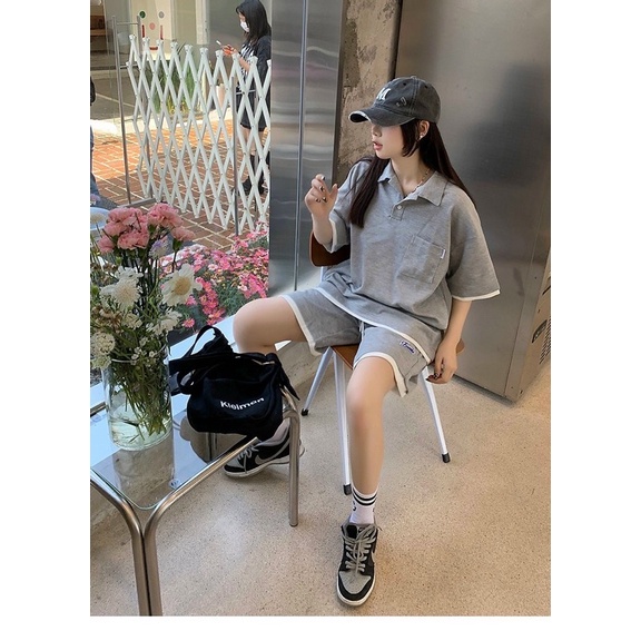 [ nặng 1kg ] Set đồ nữ form rộng unisex, áo polo cổ bẻ kèm quần short đùi thêu logo chất liệu cotton tổ ong