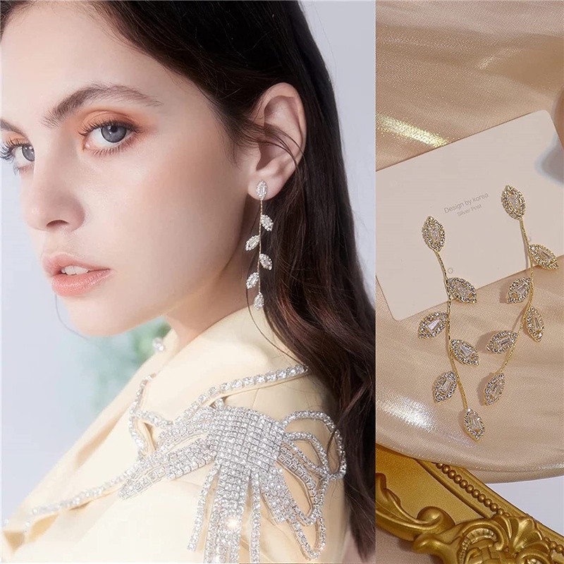 Bông Tai Dáng Dài Hình Chiếc Lá Đính Đá Zircon Sang Trọng Cho Nữ