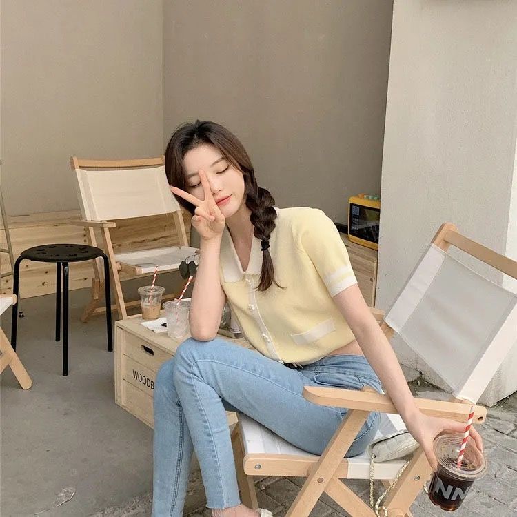Áo Dệt Kim Tay Ngắn Cổ Búp Bê Màu Sắc Tương Phản Ngọt Ngào Thời Trang Cho Nữ  tao bao