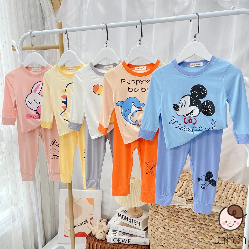 Bộ dài tay cho bé trai bé gái in hình đáng yêu, đồ bộ thun lạnh dài tay minky mom trẻ em mặc ngủ 1 2 3 4 5 tuổi BD008