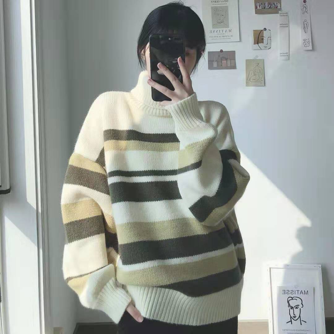 🌸Áo Sweater dáng dài thời trang trẻ trung🌸Áo Sweater dáng rộng cổ lọ kẻ sọc thời trang thu đông cho nữ