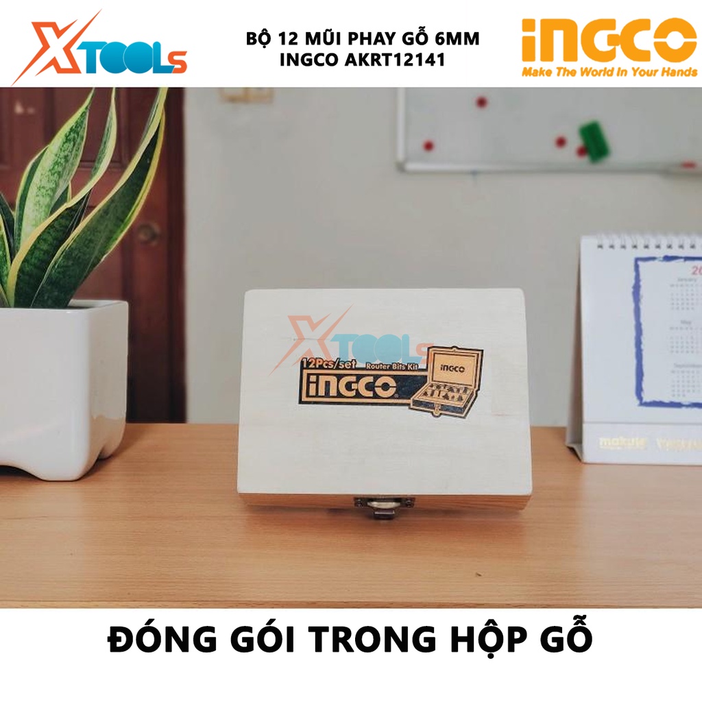 Bộ 12 mũi phay gỗ INGCO AKRT12141 bộ dao phay gỗ 12 chi tiết Đường kính mũi 6.3mm, cắt, khoan, đục vật liệu kim loại, gỗ