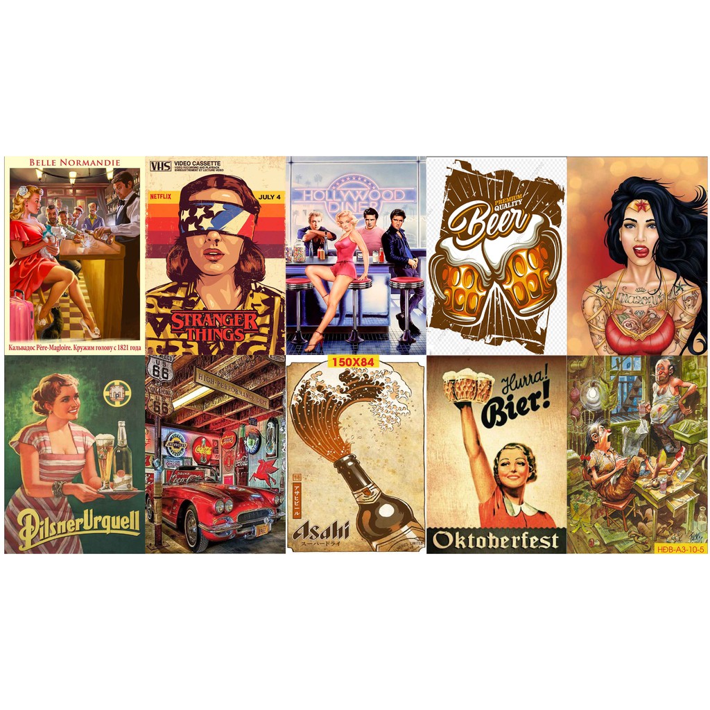 Beer-Combo Set 10 tờ Decal dán tường quán bia, quán nhậu,Quầy Bar