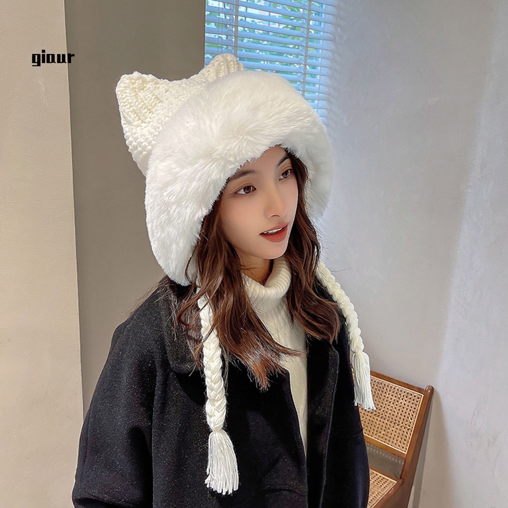 Mũ beanie dệt kim co giãn phối tai mèo dễ thương thời trang thu đông tùy chọn màu sắc