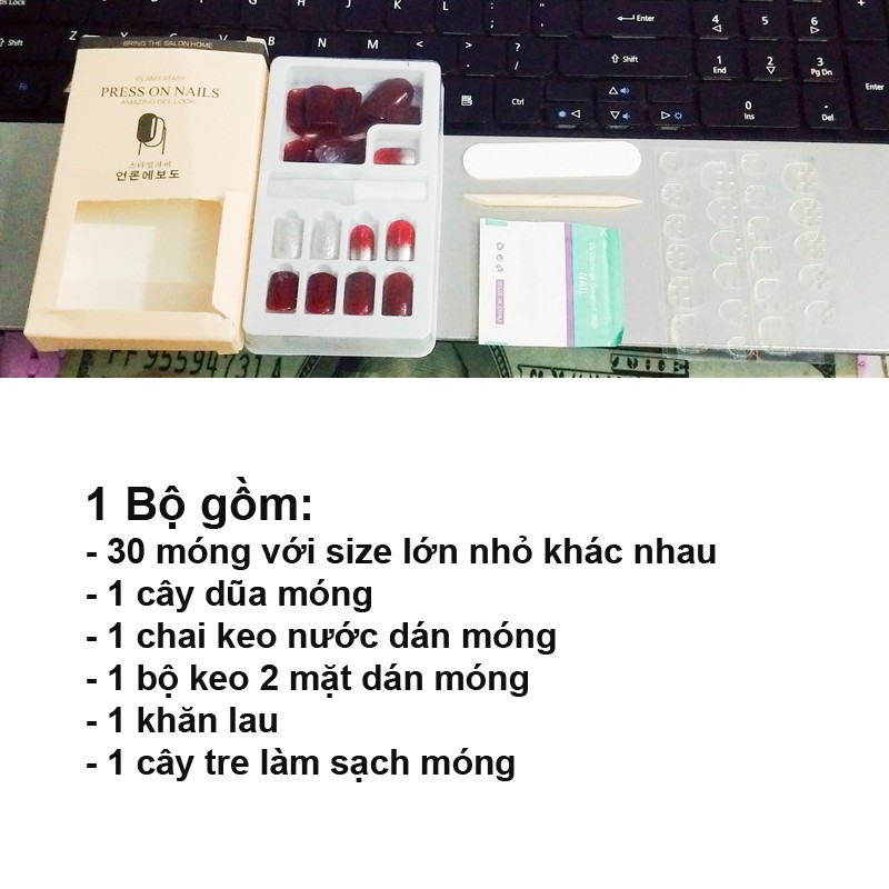 Hộp 30 Móng giả , nail giả, Kèm keo khô và keo nước, Cây dũa (30-09)