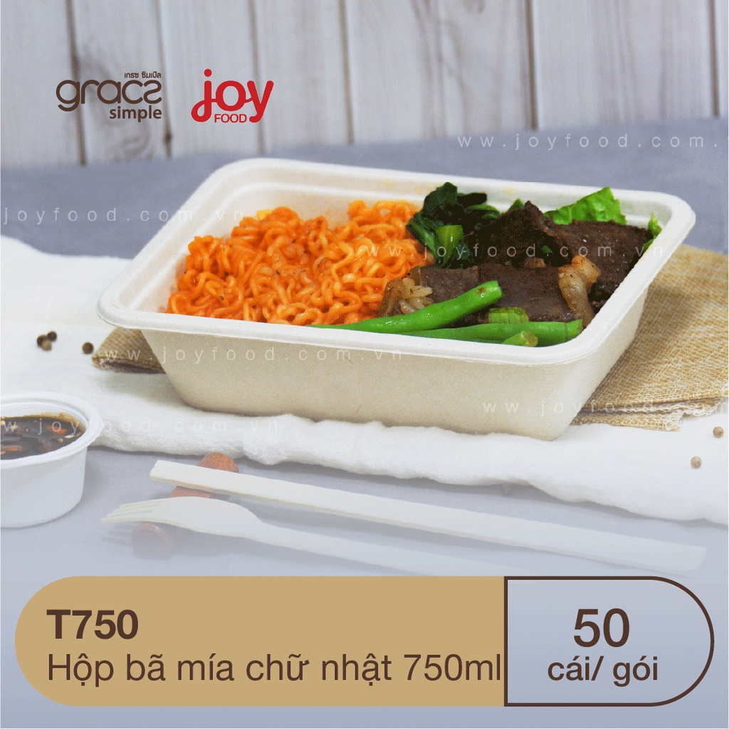 50 hộp bã mía chữ nhật 750ml thích hợp đựng cơm trộn, mì xào, miến xào/ Kèm Nắp Nhựa