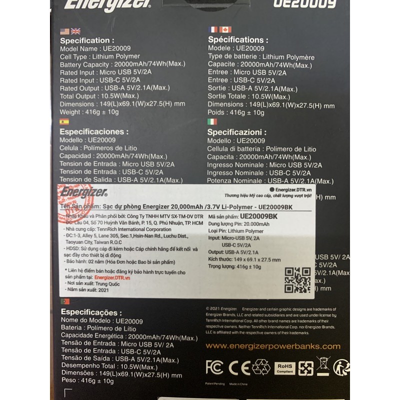 [Mã 159ELSALE hoàn 7% đơn 300K] Pin sạc dự phòng Energizer 20000mAh/3.7V UE20009BK. mới 100%, bảo hành 24 tháng