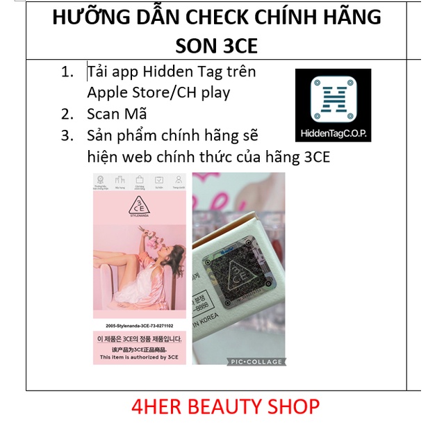 Son thỏi son lì vỏ trong 3CE Soft Matte Lipstick chính hãng, Date 2024