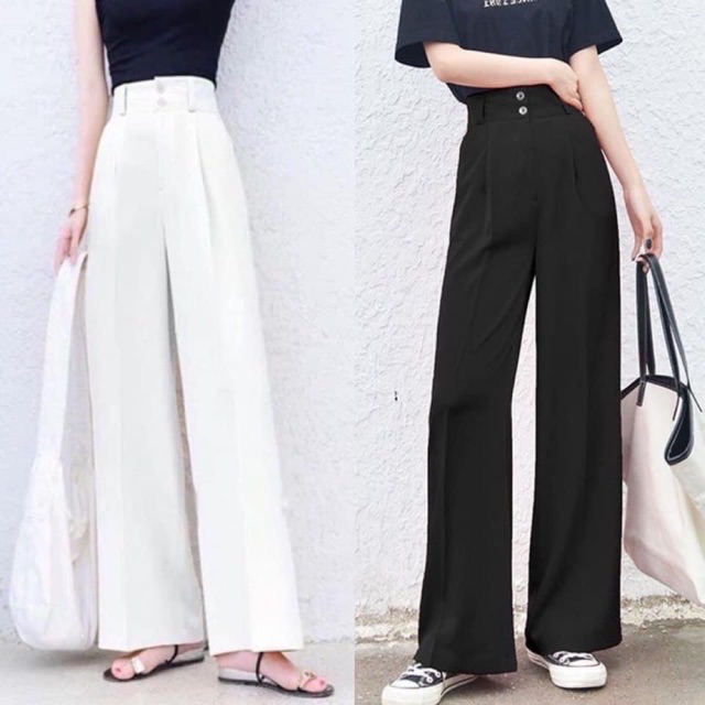 [Mã FAMARAL2 giảm 10K đơn 50K] Quần ống suông rộng cạp cao 2 cúc dáng culottes dài 100cm hack chân dài ROSA BOUTIQUE