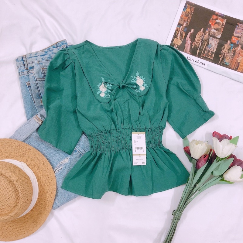 Áo Peplum Cổ Sen Thêu Tay Ngắn Chất Mát - Jancaroshop