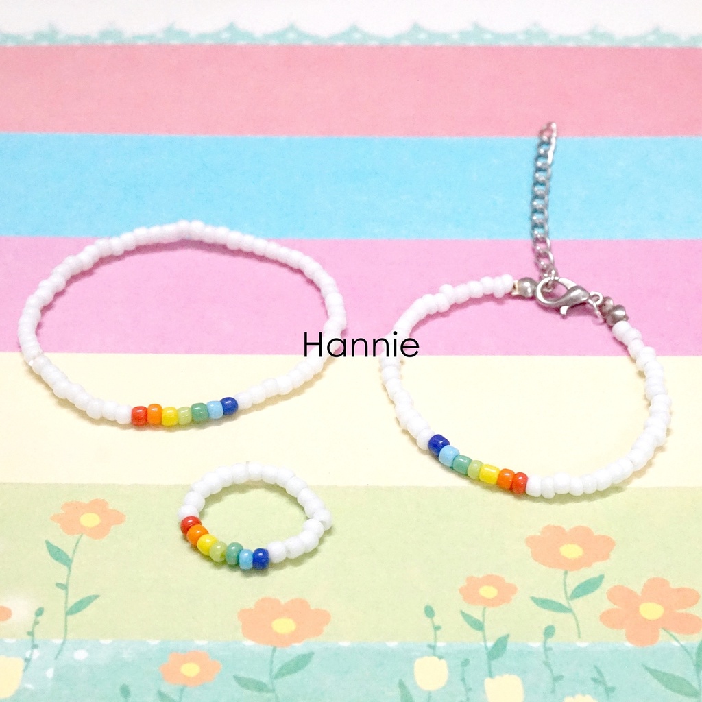 Set hạt cườm nhựa trắng rainbow cầu vồng handmade - Combo vòng tay nhẫn dành cho nam nữ đơn giản