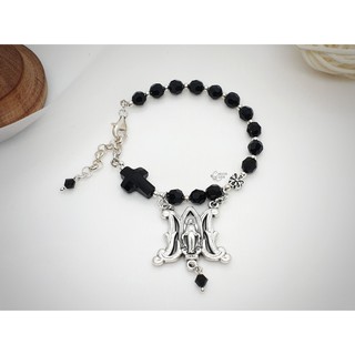 Vòng mân côi pha lê áo cao cấp đính mề đay Huyền Nhiệm M- Miraculous Medal, thiết kế handmade limited