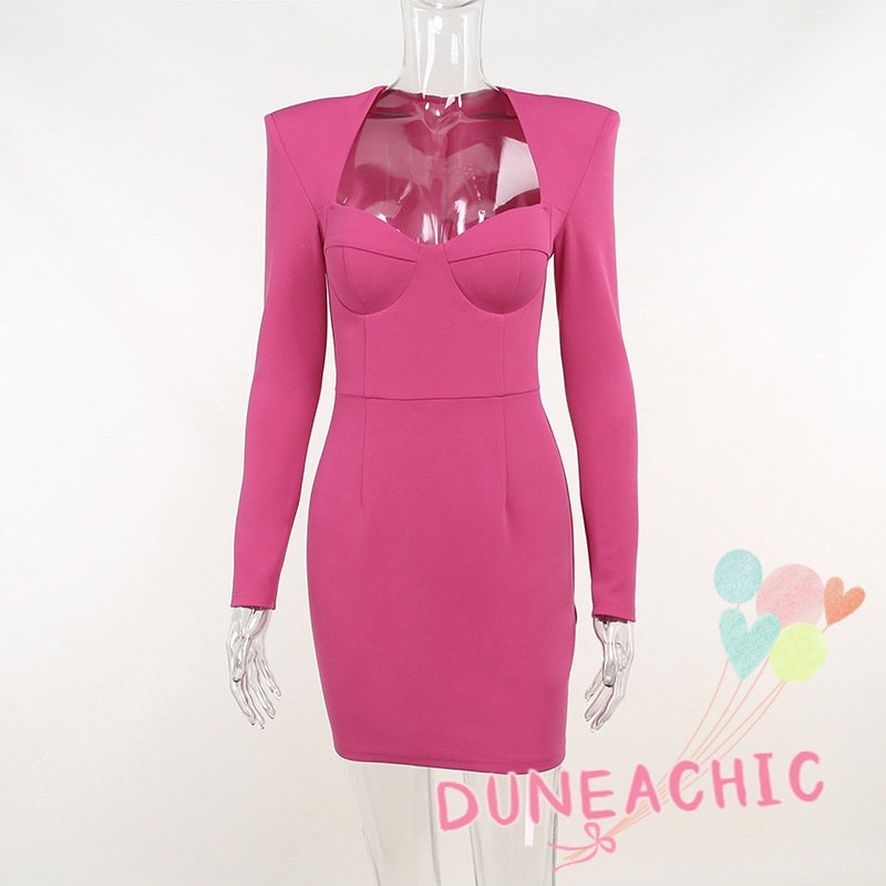 DUNEA Đầm tay dài màu trơn ôm dáng thời trang cho nữ