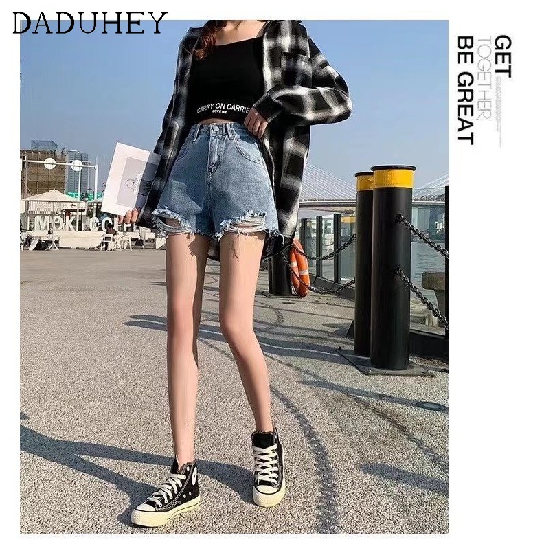 Quần ngắn daduhey vải denim eo cao dáng rộng viền rách thời trang mùa hè 2022 dành cho quý cô