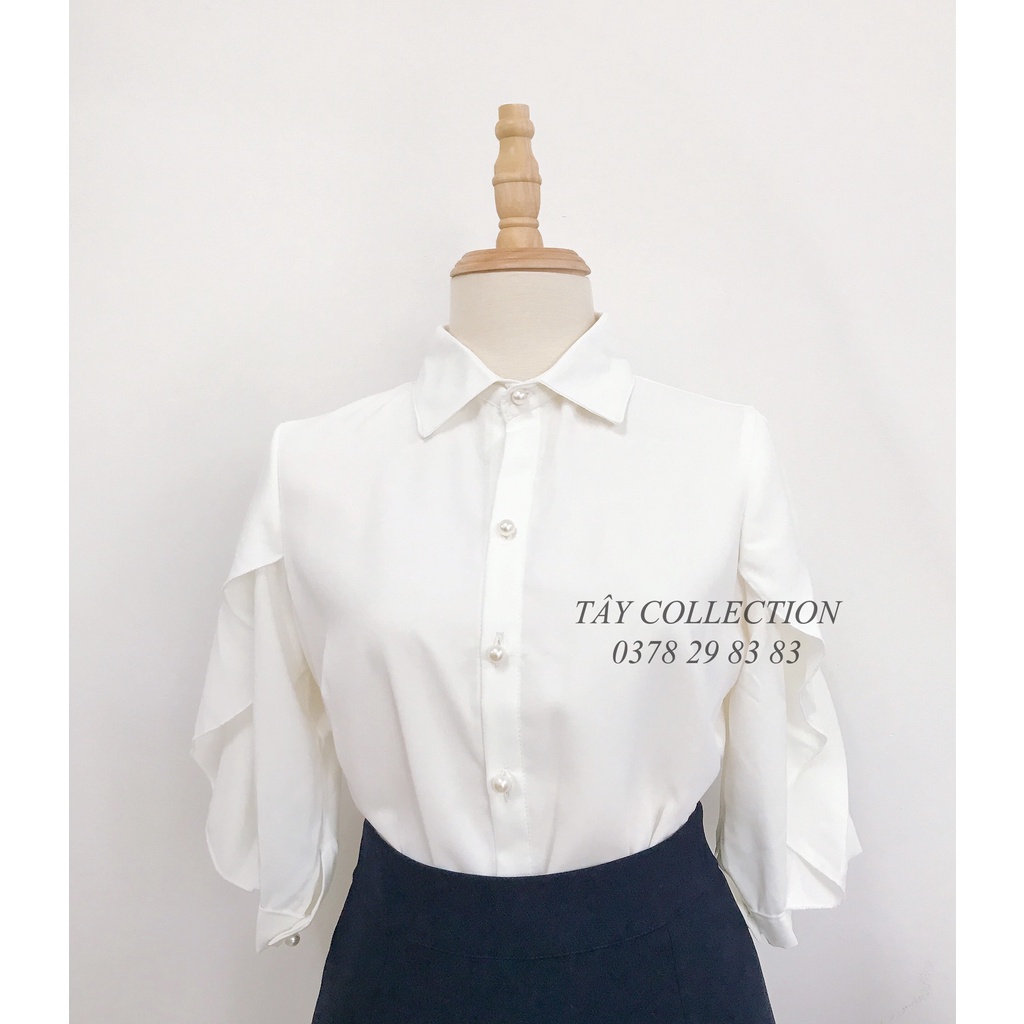 Áo sơ mi nữ cotton lụa cổ đức tay phối bèo thiết kế Tây Collection
