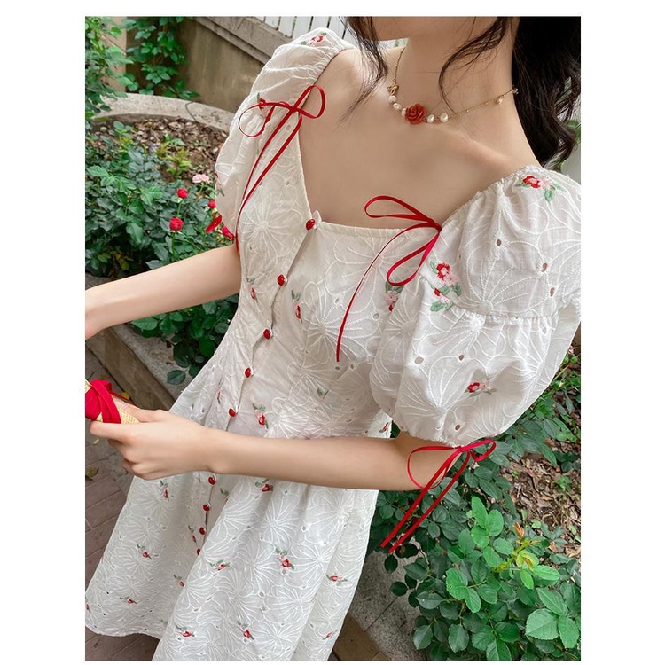 Đầm trắng cổ chữ v phong cách retro pháp dành cho nữ