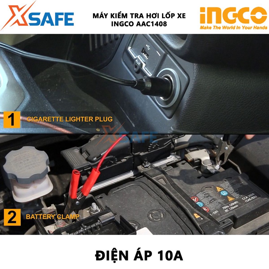 Máy bơm hơi lốp xe ôtô INGCO AAC1408 công suất nguồn DC 12V, áp suất tối đa 140psi kèm đèn led, dây nguồn 3m, 4 vòi phun