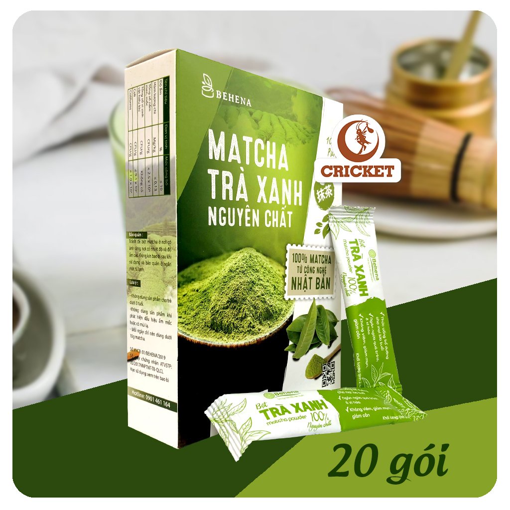 Bột Matcha Trà Xanh Behena - Hộp 50g (20 gói x 2.5gr) Được Sấy Lạnh Nguyên Chất đắp mặt làm đẹp da, trắng da