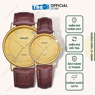 Đồng Hồ Cặp Đôi Halei 545 Dây Da Nâu Mặt Vàng