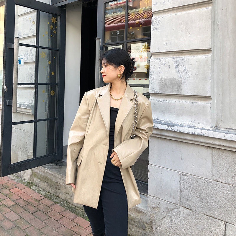 Women's suit coat 2020 autumn and winter New Korean style haze blue crocodile pattern casual handsome leather coat three-color loose fashionable suit coat western outer