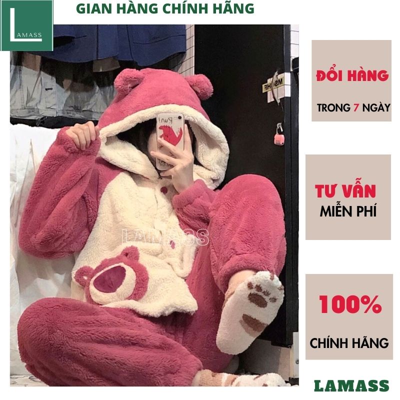 Bộ ngủ lông gấu phối đỏ mận siêu kute dễ thương ulzzang ,bộ đồ mặc nhà xinh sắn ấm áp mùa đông - LAMASS