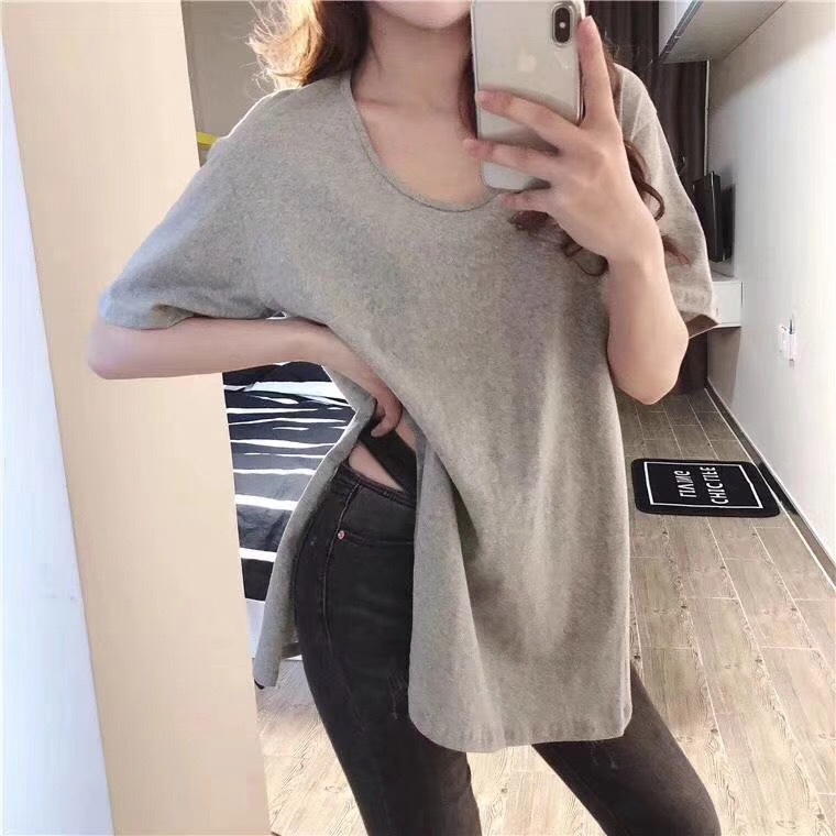 Áo Thun Nữ Tay Ngắn Xẻ Tà Phong Cách Hàn Quốc