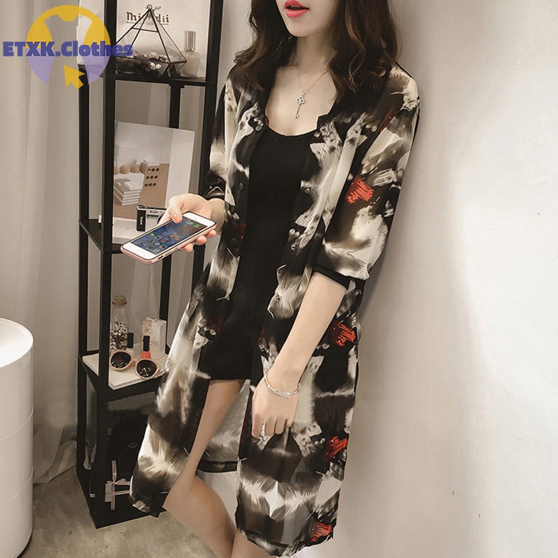 Áo Khoác Chiffon Mỏng Tay 3 / 4 Dáng Dài In Họa Tiết Thời Trang Mùa Hè Cho Nữ