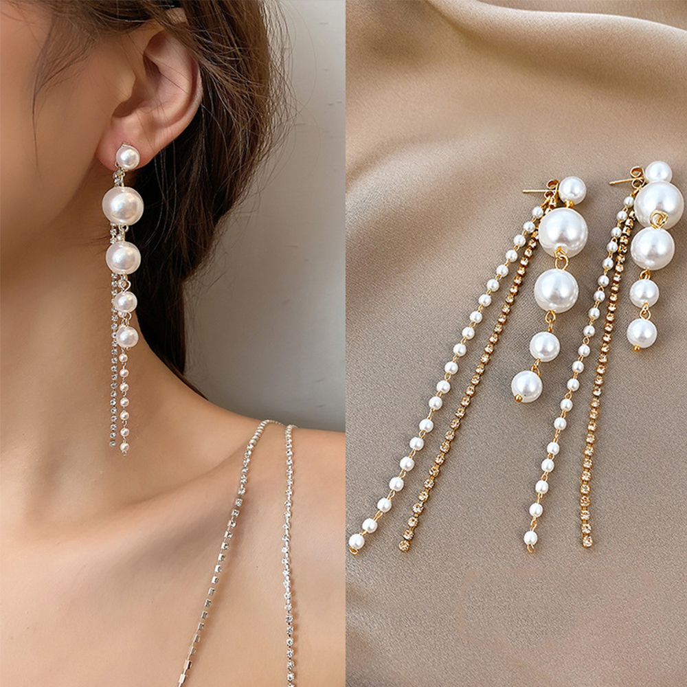 Khuyên Tai Nữ Dáng Dài Đính Hạt Ngọc Trai Long Lanh