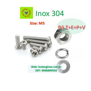Vít pake đầu tròn inox size M5 (bộ T+ E+P+V), ốc 4 cạnh đầu  cầu, ốc vặn tua vít đầu tròn thân bulong, inox 304