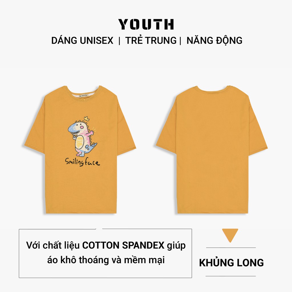 Áo thun nam nữ unisex YOUTH form rộng cổ tròn tay lỡ vải Cotton xịn FreeSize(38-65Kg) - Khủng Long Face - AP41